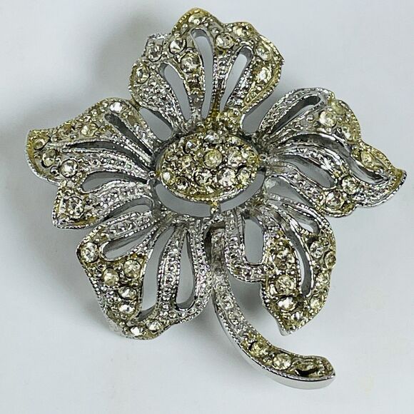 Signed HEDY Flower Brooch Pin 1.5" Sparkling Vintage Rhinestone Two Toned Pave - Picture 1 of 4